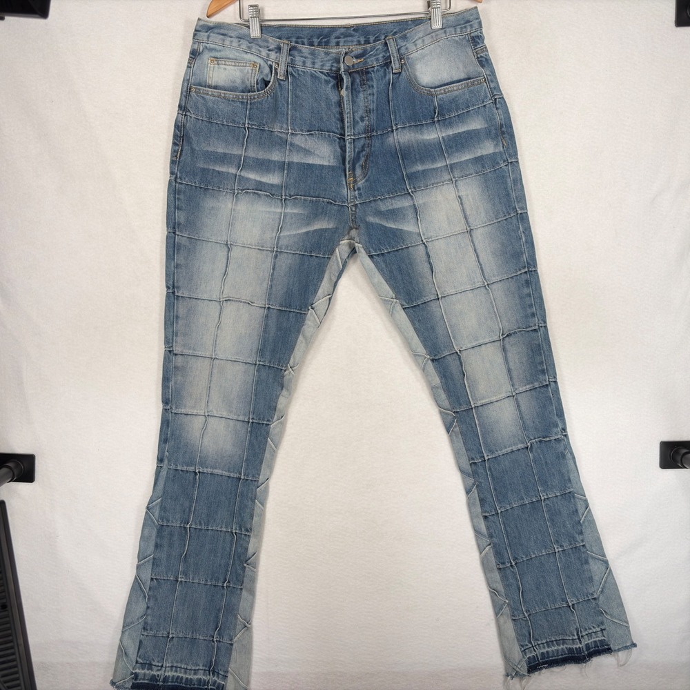 MNML Mens Blue Patchwork Denim Jeans Light Wash Frayed Hem Size 36